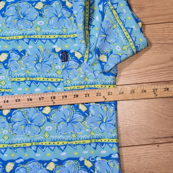 Simply Southern Hawaiian Hibiscus Polo Men's Sz Large Light Blue Lime Stretch - Picture 7 of 8